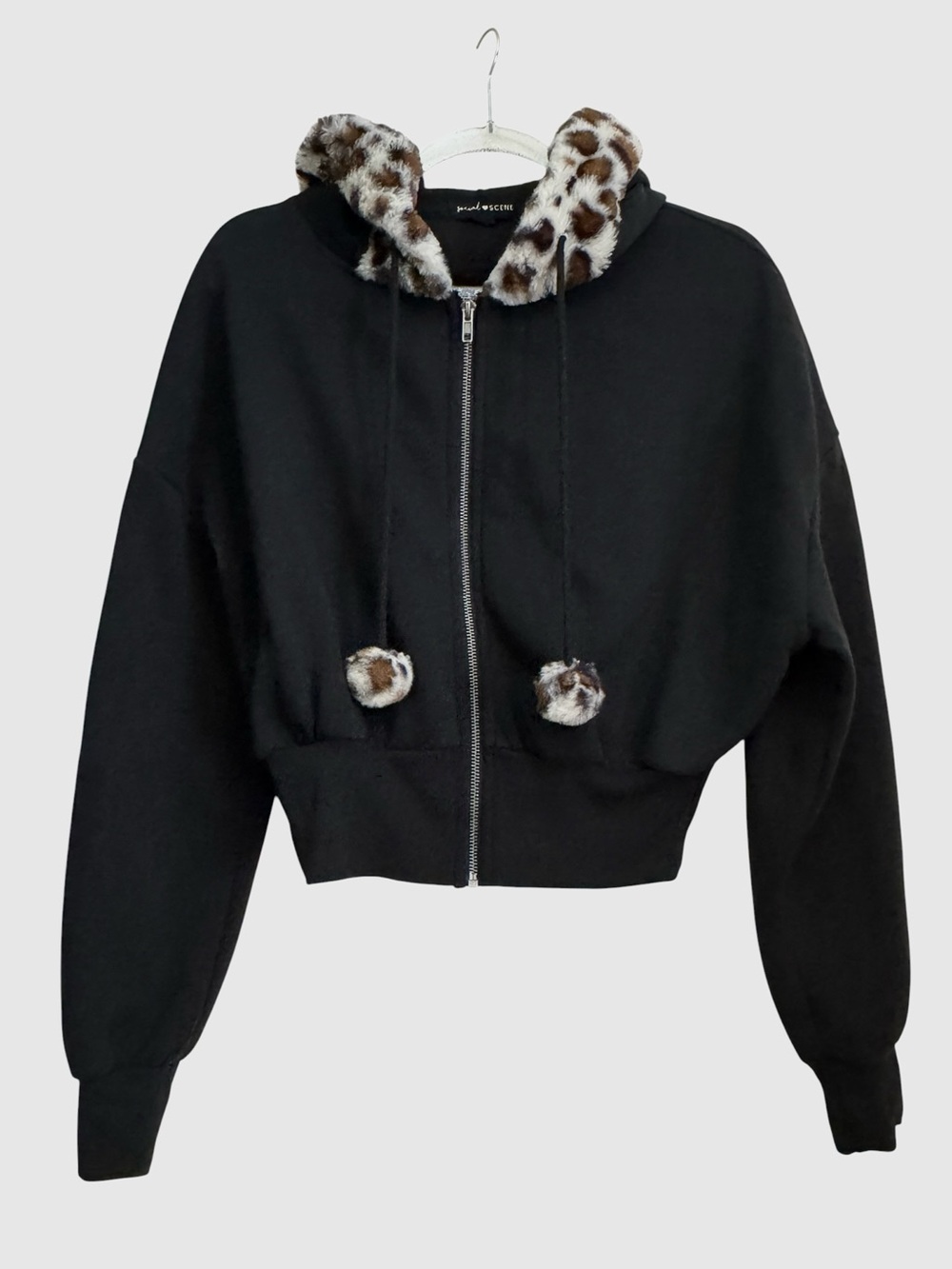 Social Scene Black Leopard Print Faux Fur Collar Crop Zip Hoodie Jacket Size M